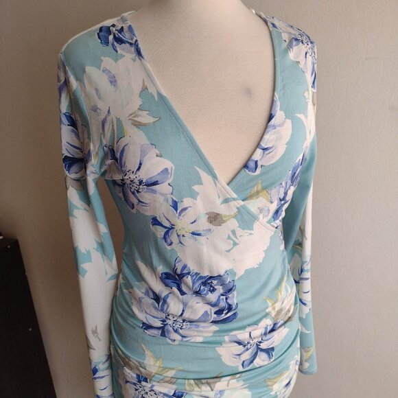 Yumi Kim Floral Maternity 5th Ave Dress L Wanderlust Jade Sky Blue Ruched Midi - Picture 10 of 11